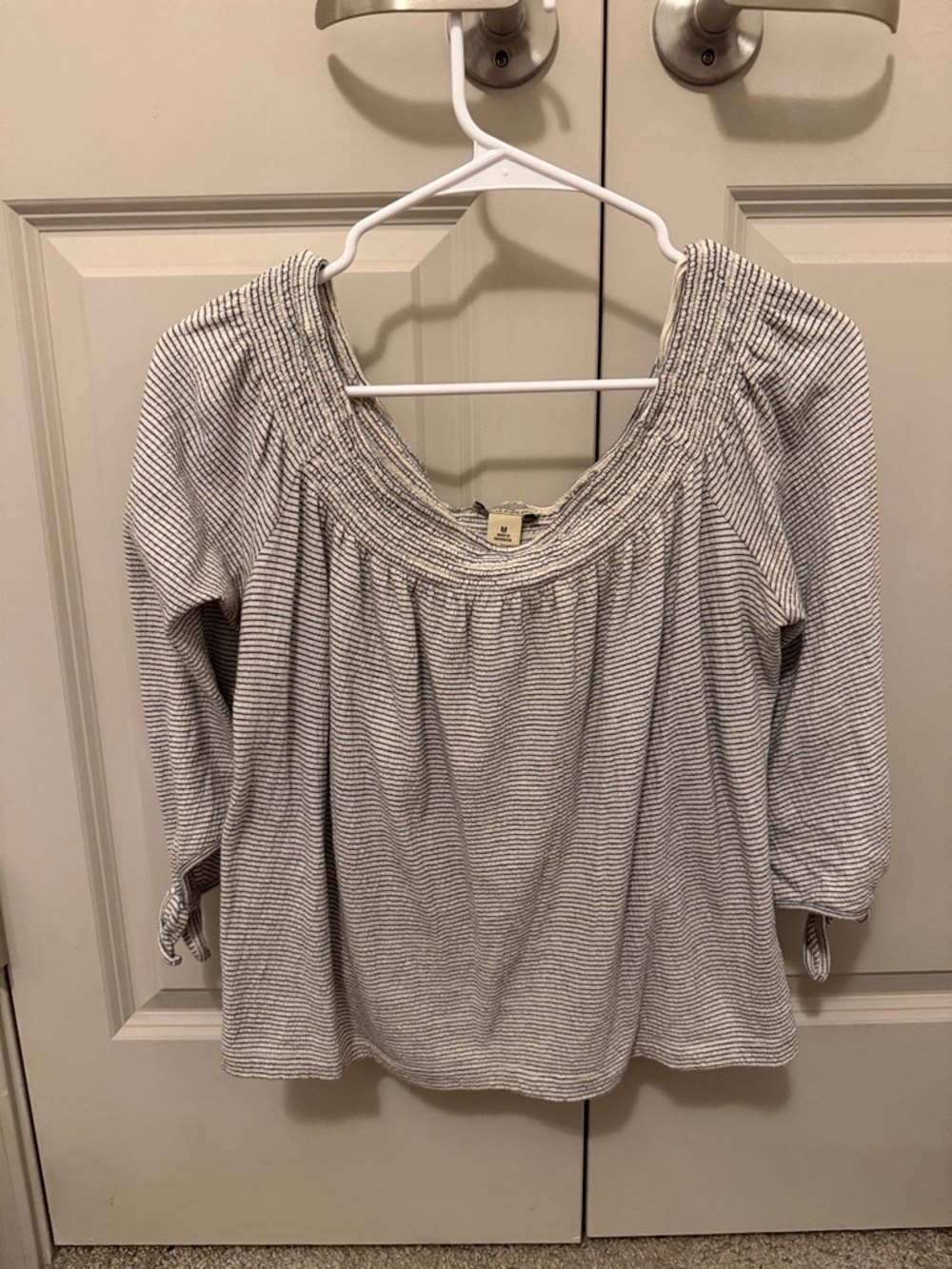 Light Gray & White Striped Smocked Scoop Tunic